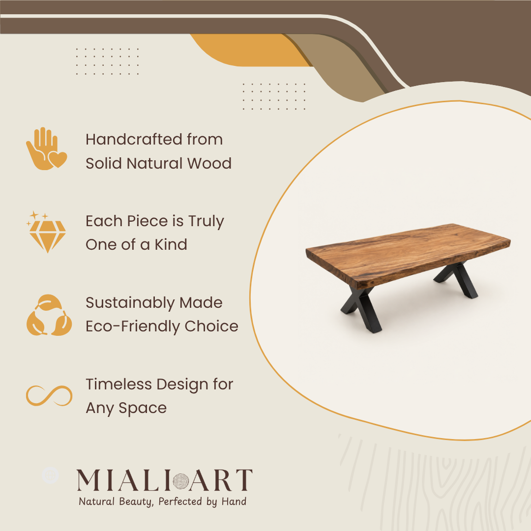 Teak Coffee Table | Sliced Trunk & Metal Legs | 150x60x45 cm