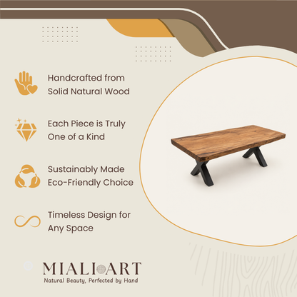 Teak Coffee Table | Sliced Trunk & Metal Legs | 150x60x45 cm