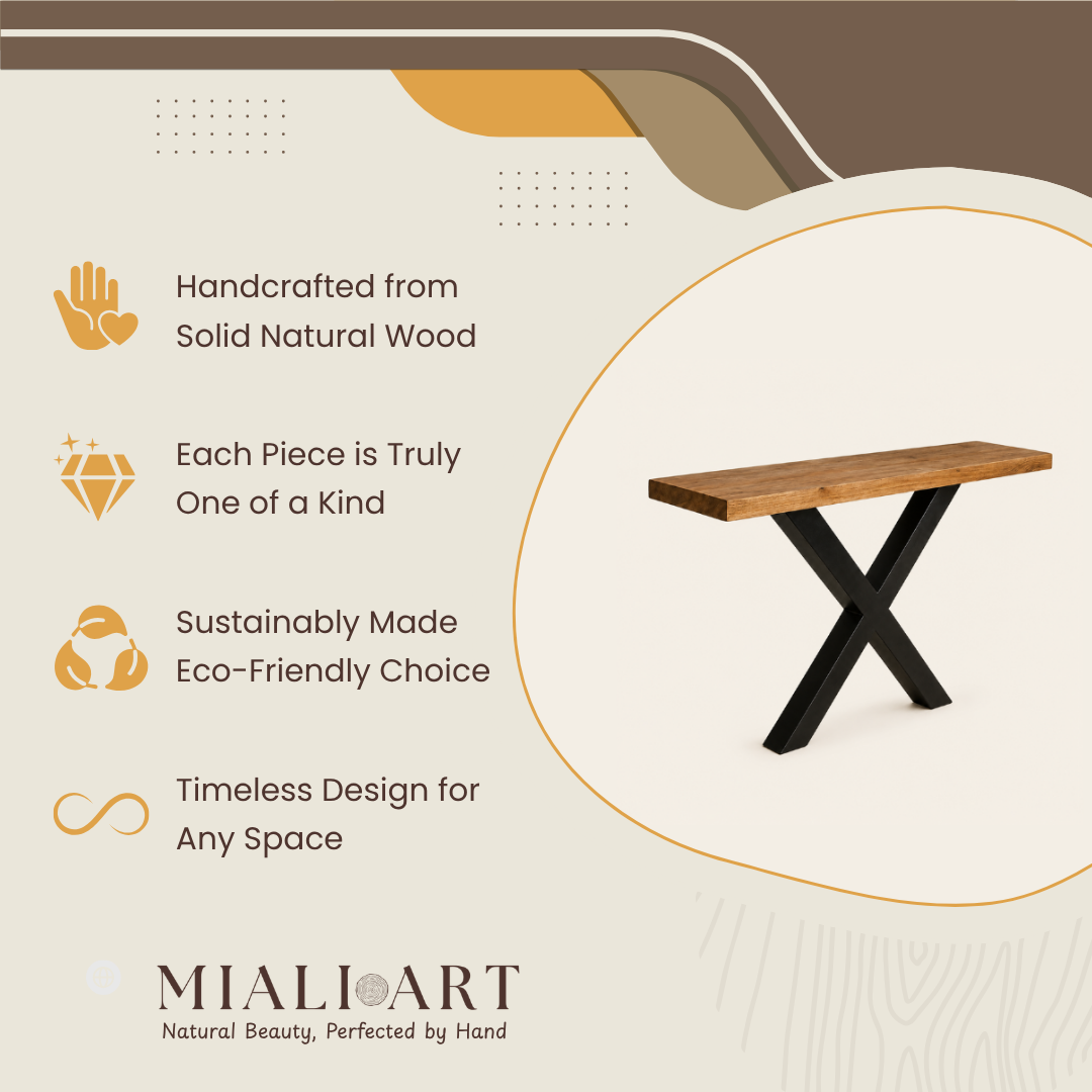 Teak Console Table | Trunk Top & Black X-Legs | 110x35x85 cm
