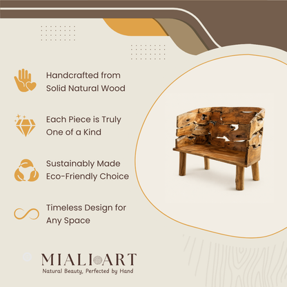 Solid Teak Root Bench | Natural Wood Slab Design | 70x150 cm