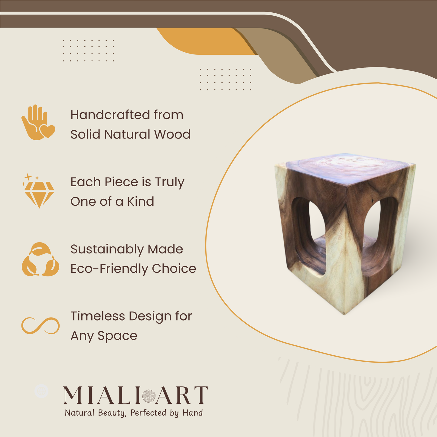 Wood Stool | Solid Tree Trunk Handmade | Natural Rustic Seat | 45x35x35cm