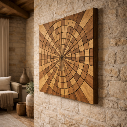 Geometric Teak Wall Art – 90x90 cm Styled View | Miali Art