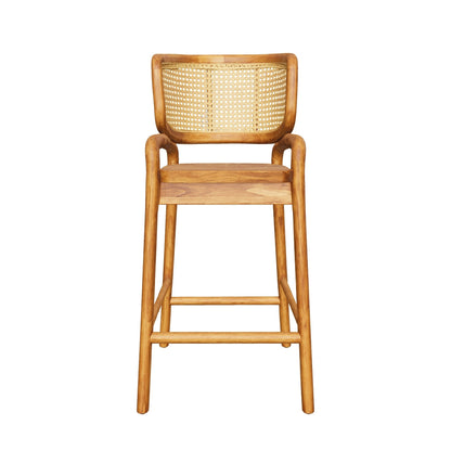 Handgefertigter Barhocker aus Teakholz | Design mit Kunststoffgeflecht | 110x50x56 cm
