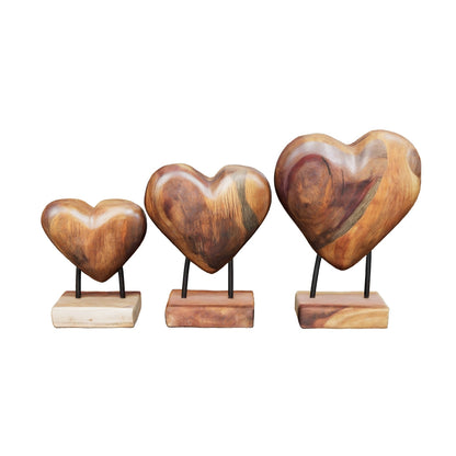 Heart Sculpture Set | Teak Wood Handmade | Natural Organic Art | 3pcs